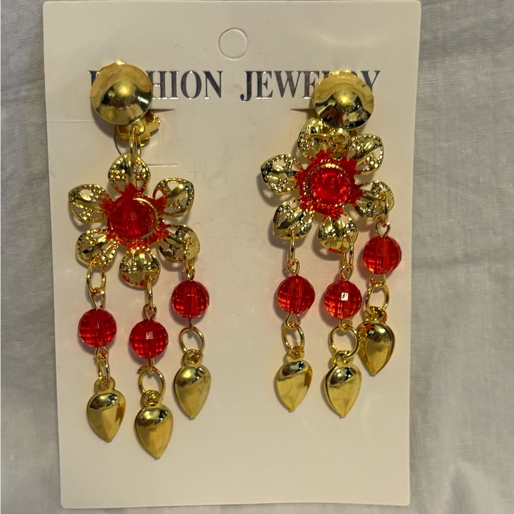 Gold and Red Floral Dangle Earrings